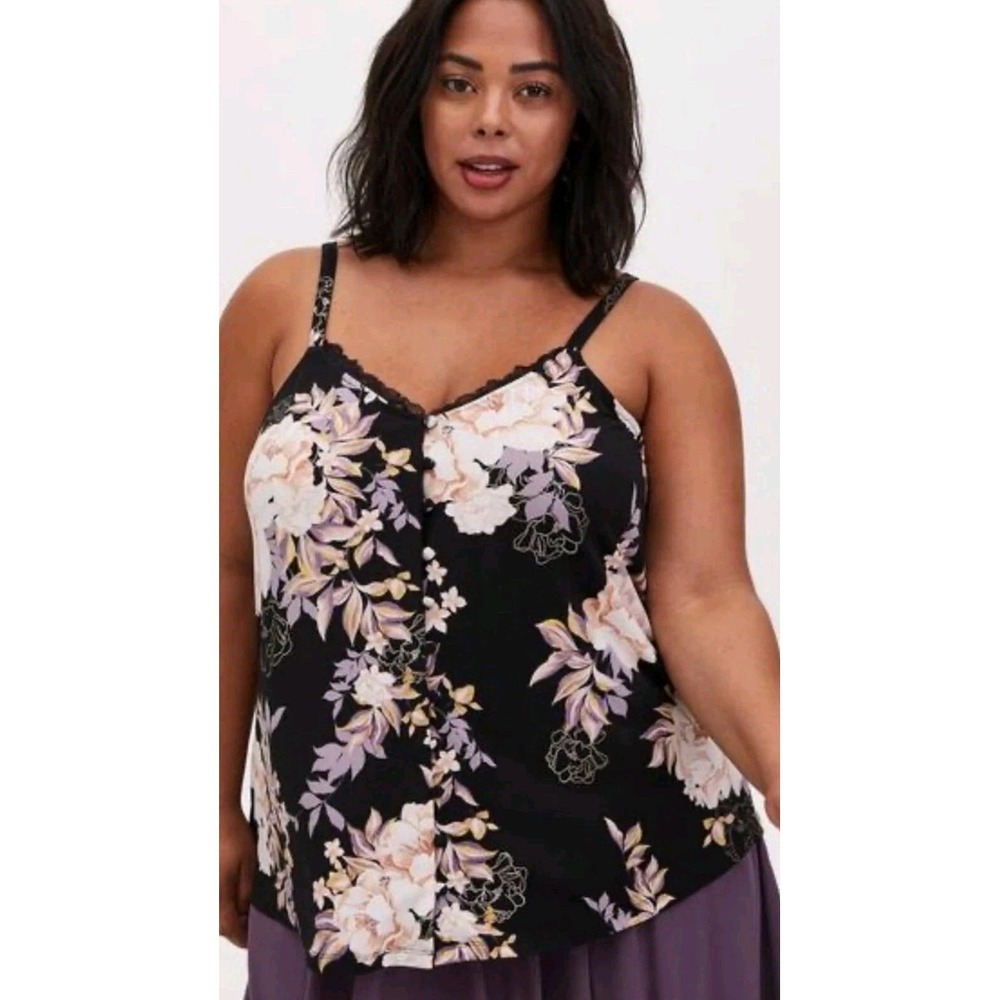 Torrid Knit Button Front Swing Cami Sleeveless Top Black Floral Print Size‎ 3 3X